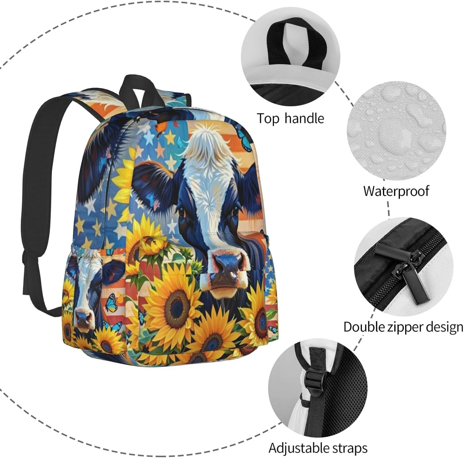 Cow American Flag Sunflowers and Butterflies Adult Backpacks 16 Inch Laptop Backpack Double Shoulder Bag for Work Travel Gifts