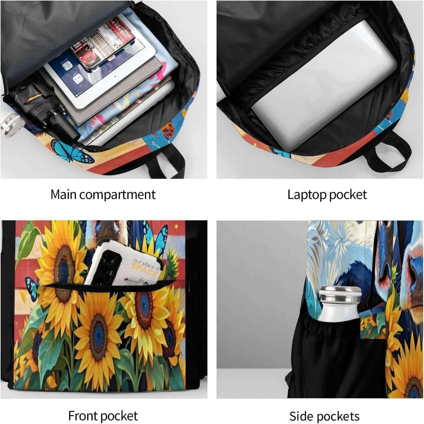 Cow American Flag Sunflowers and Butterflies Adult Backpacks 16 Inch Laptop Backpack Double Shoulder Bag for Work Travel Gifts