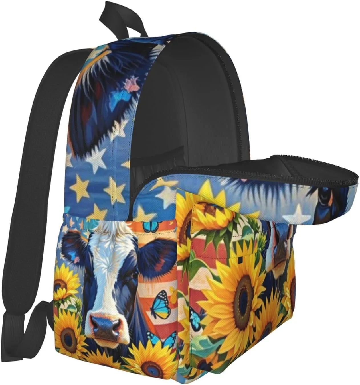 Cow American Flag Sunflowers and Butterflies Adult Backpacks 16 Inch Laptop Backpack Double Shoulder Bag for Work Travel Gifts