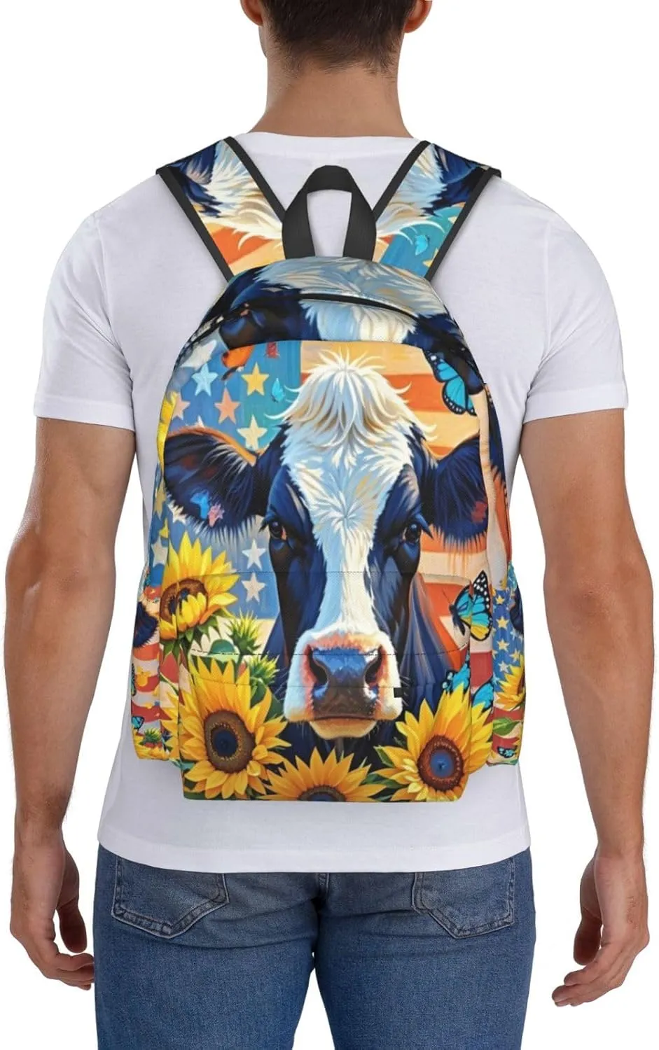 Cow American Flag Sunflowers and Butterflies Adult Backpacks 16 Inch Laptop Backpack Double Shoulder Bag for Work Travel Gifts