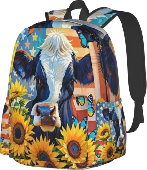 Cow American Flag Sunflowers and Butterflies Adult Backpacks 16 Inch Laptop Backpack Double Shoulder Bag for Work Travel Gifts