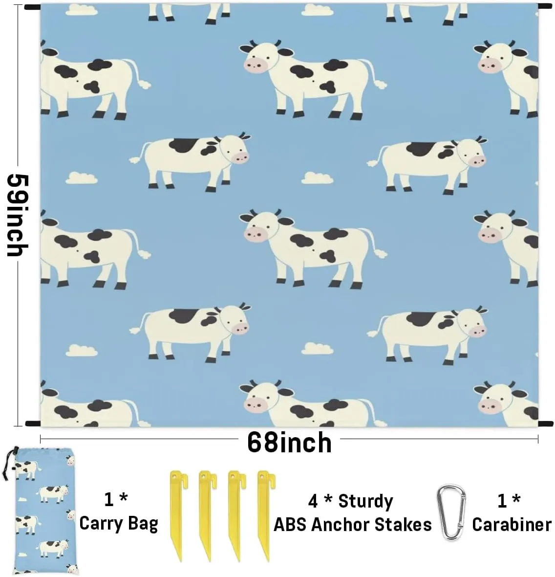 Cow Beach Blanket, Sandproof Beach Mat, Adults Waterproof Quick Drying Sand Free Mat with 4 x Ground Spikes for Outdoor Travel Camping Hiking, Cute Cow