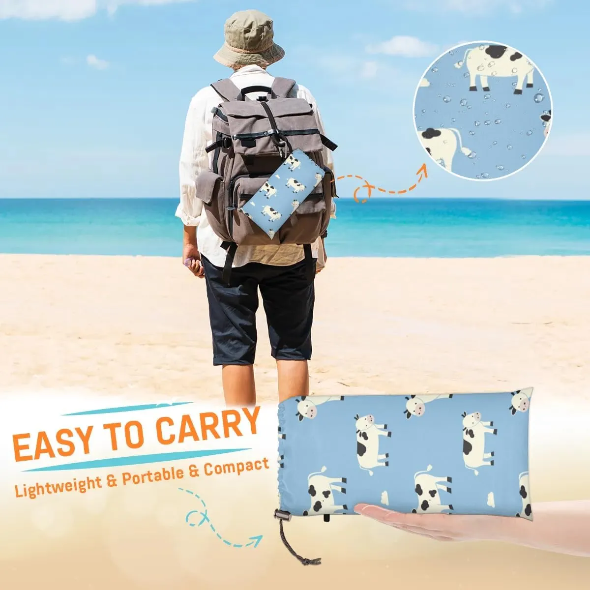 Cow Beach Blanket, Sandproof Beach Mat, Adults Waterproof Quick Drying Sand Free Mat with 4 x Ground Spikes for Outdoor Travel Camping Hiking, Cute Cow