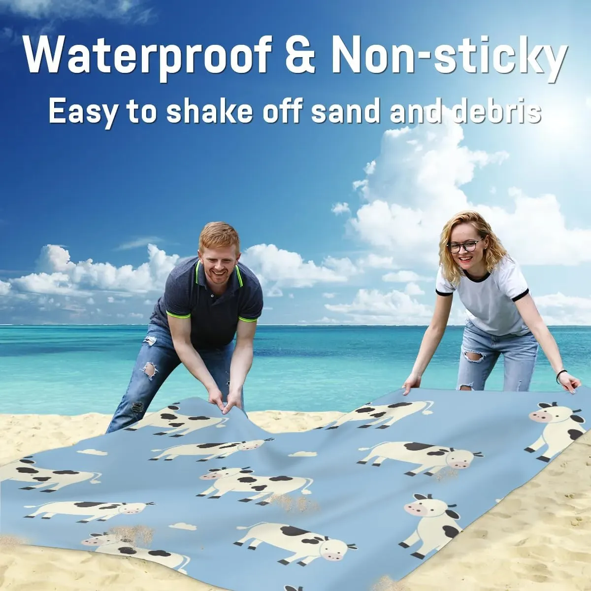 Cow Beach Blanket, Sandproof Beach Mat, Adults Waterproof Quick Drying Sand Free Mat with 4 x Ground Spikes for Outdoor Travel Camping Hiking, Cute Cow