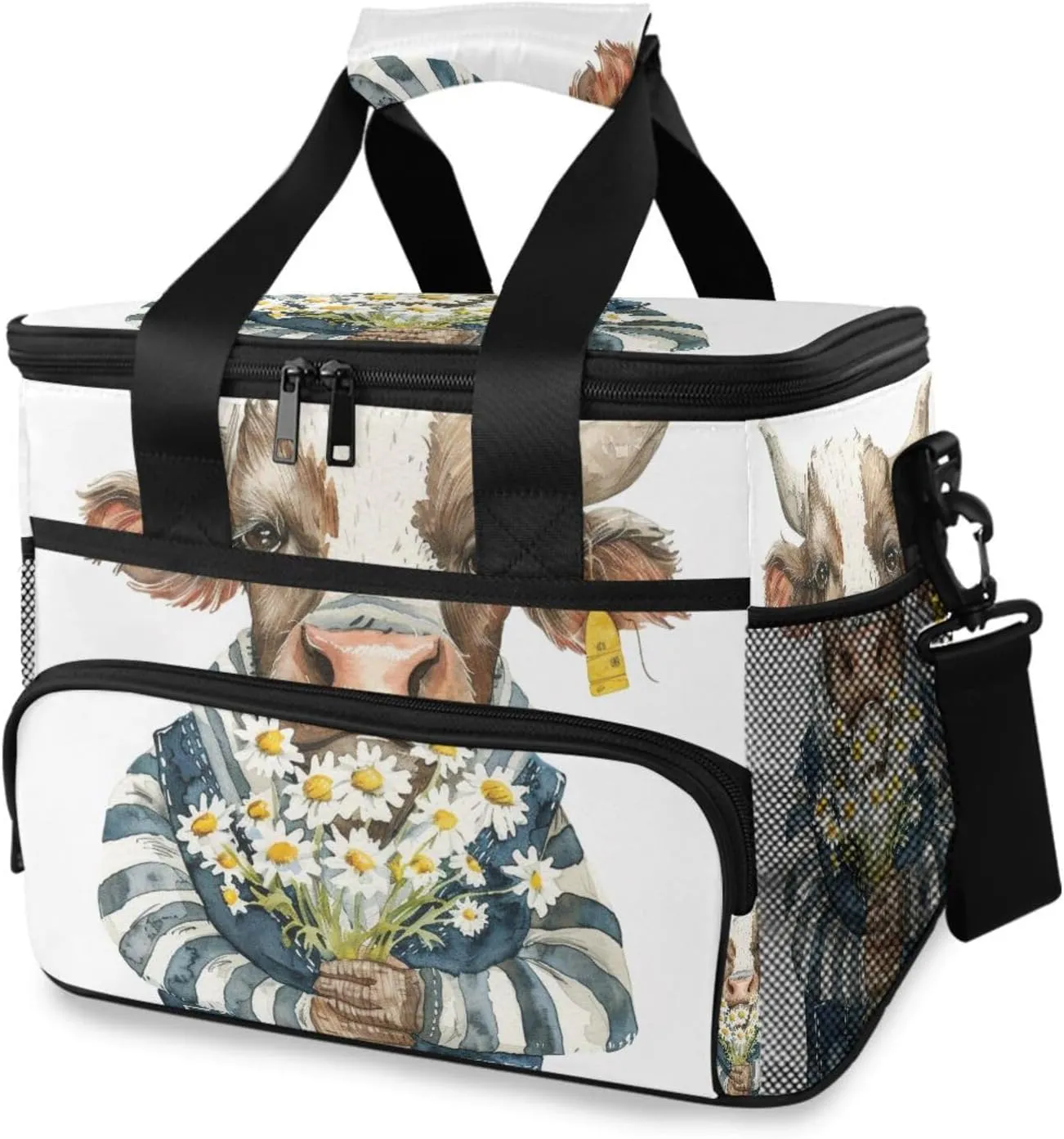 Cow Farm Daisies Cooler Bag Insulated Cooler Soft Sided Cooler 24 Can Portable Picnic Bag Large Leakproof Lunch Bag Box for Beach Grocery Camping Travel Car Men Women