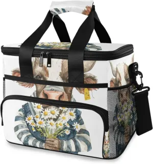 Cow Farm Daisies Cooler Bag Insulated Cooler Soft Sided Cooler 24 Can Portable Picnic Bag Large Leakproof Lunch Bag Box for Beach Grocery Camping Travel Car Men Women