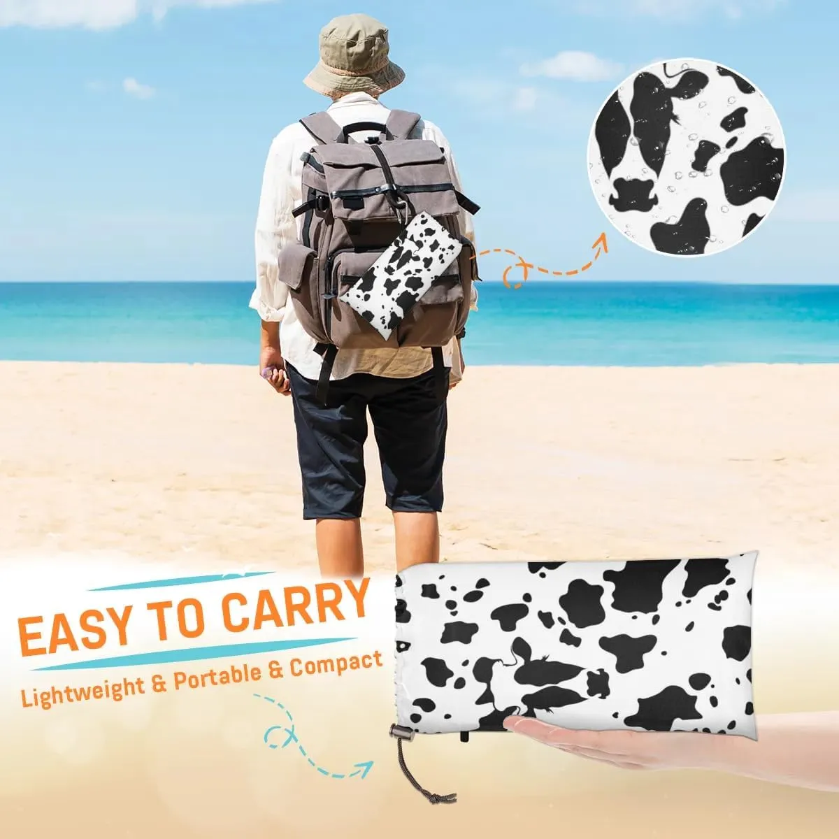 Cow Print Beach Blanket, Sandproof Beach Mat, Adults Waterproof Quick Drying Sand Free Mat with 4 x Ground Spikes for Outdoor Travel Camping Hiking, Black and White Cow