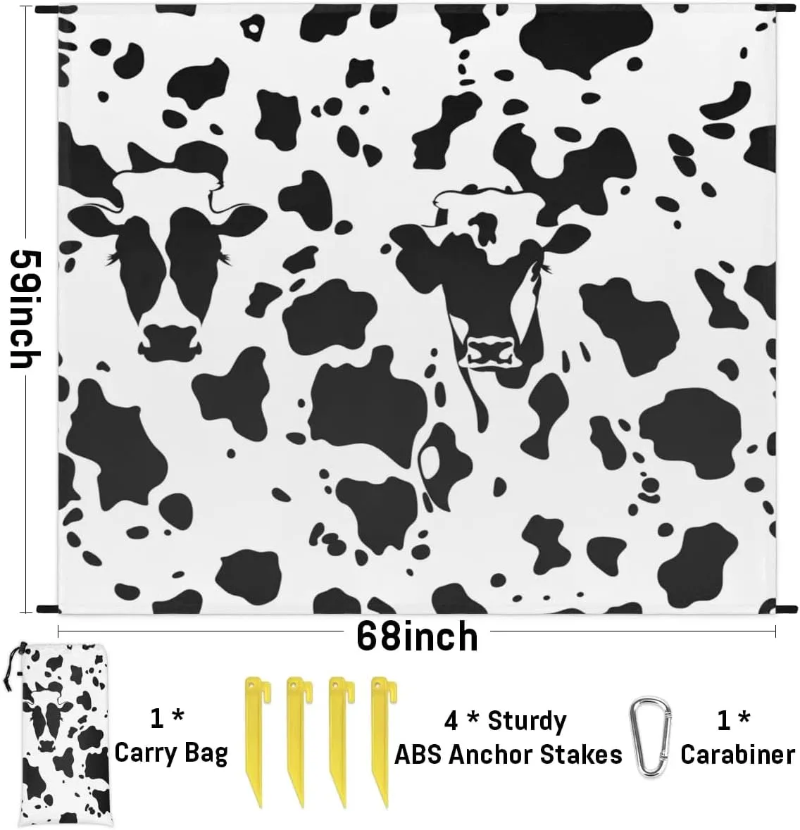 Cow Print Beach Blanket, Sandproof Beach Mat, Adults Waterproof Quick Drying Sand Free Mat with 4 x Ground Spikes for Outdoor Travel Camping Hiking, Black and White Cow