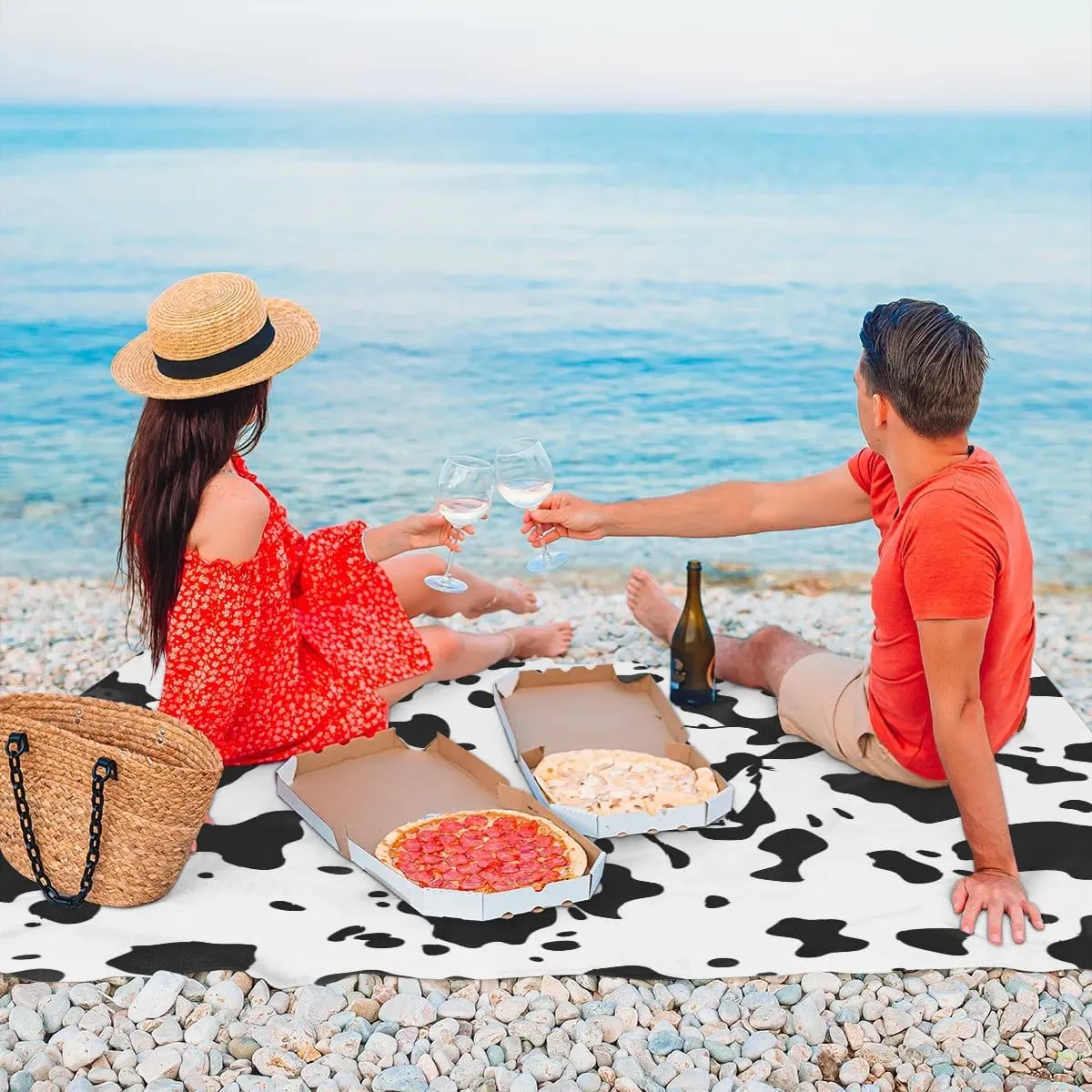Cow Print Beach Blanket, Sandproof Beach Mat, Adults Waterproof Quick Drying Sand Free Mat with 4 x Ground Spikes for Outdoor Travel Camping Hiking, Black and White Cow
