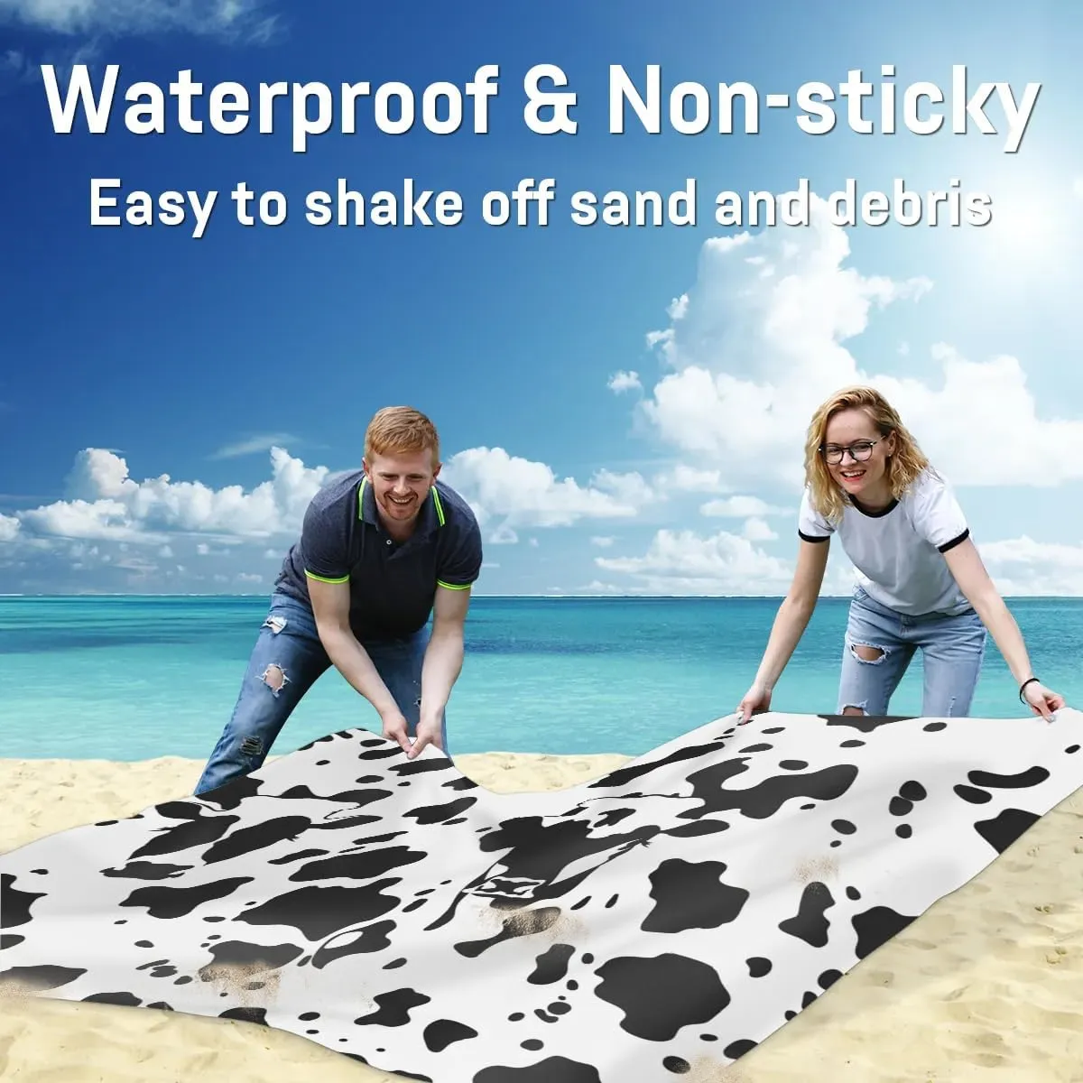 Cow Print Beach Blanket, Sandproof Beach Mat, Adults Waterproof Quick Drying Sand Free Mat with 4 x Ground Spikes for Outdoor Travel Camping Hiking, Black and White Cow