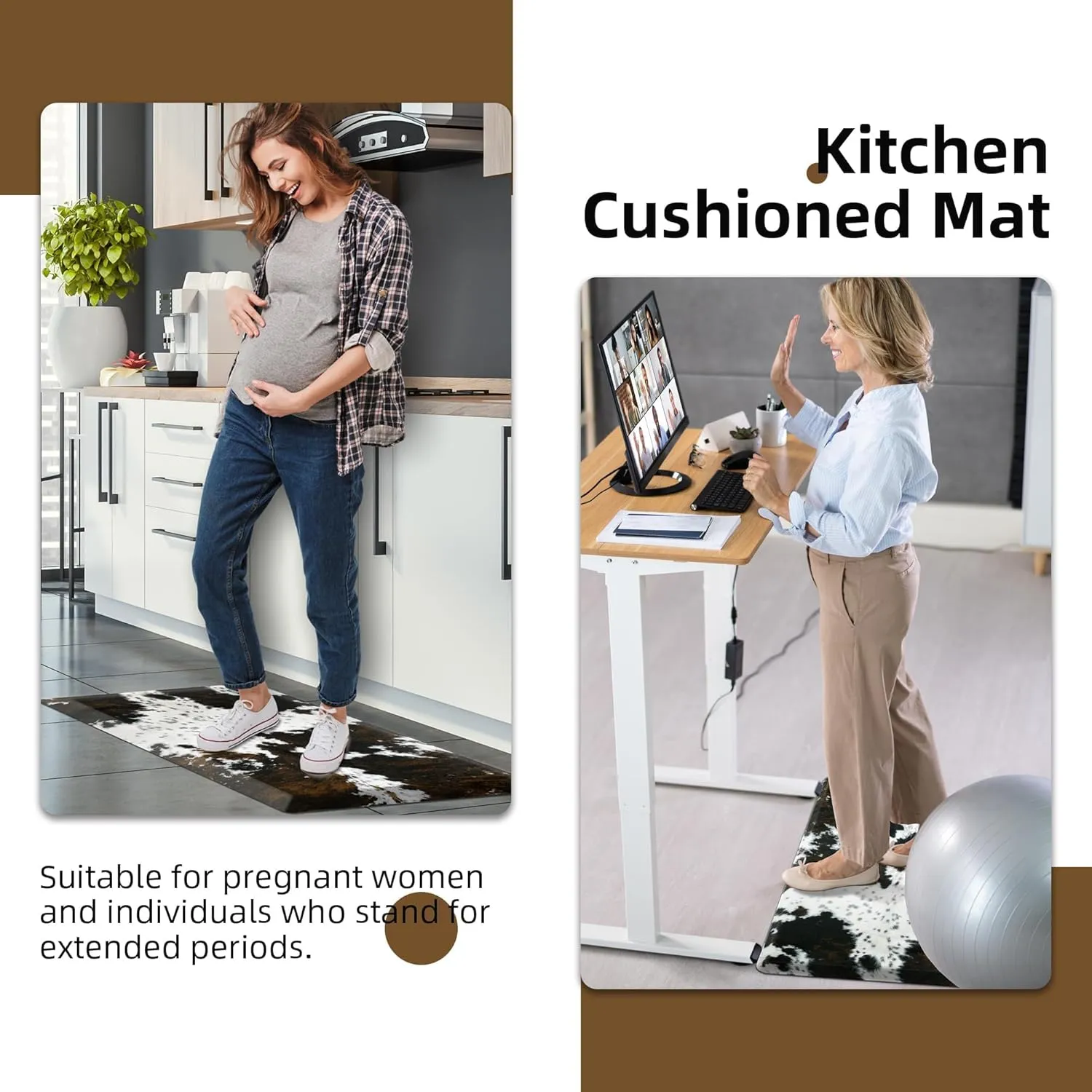 Cowhide Kitchen Mat Cushioned Anti Fatigue - 1/2 Inch Thick Western Cow Kitchen Mats for Floor, Non Slip PVC Waterproof Standing Desk Ergonomic Comfort Rugs for Sink, Office, Laundry, 17.3x47
