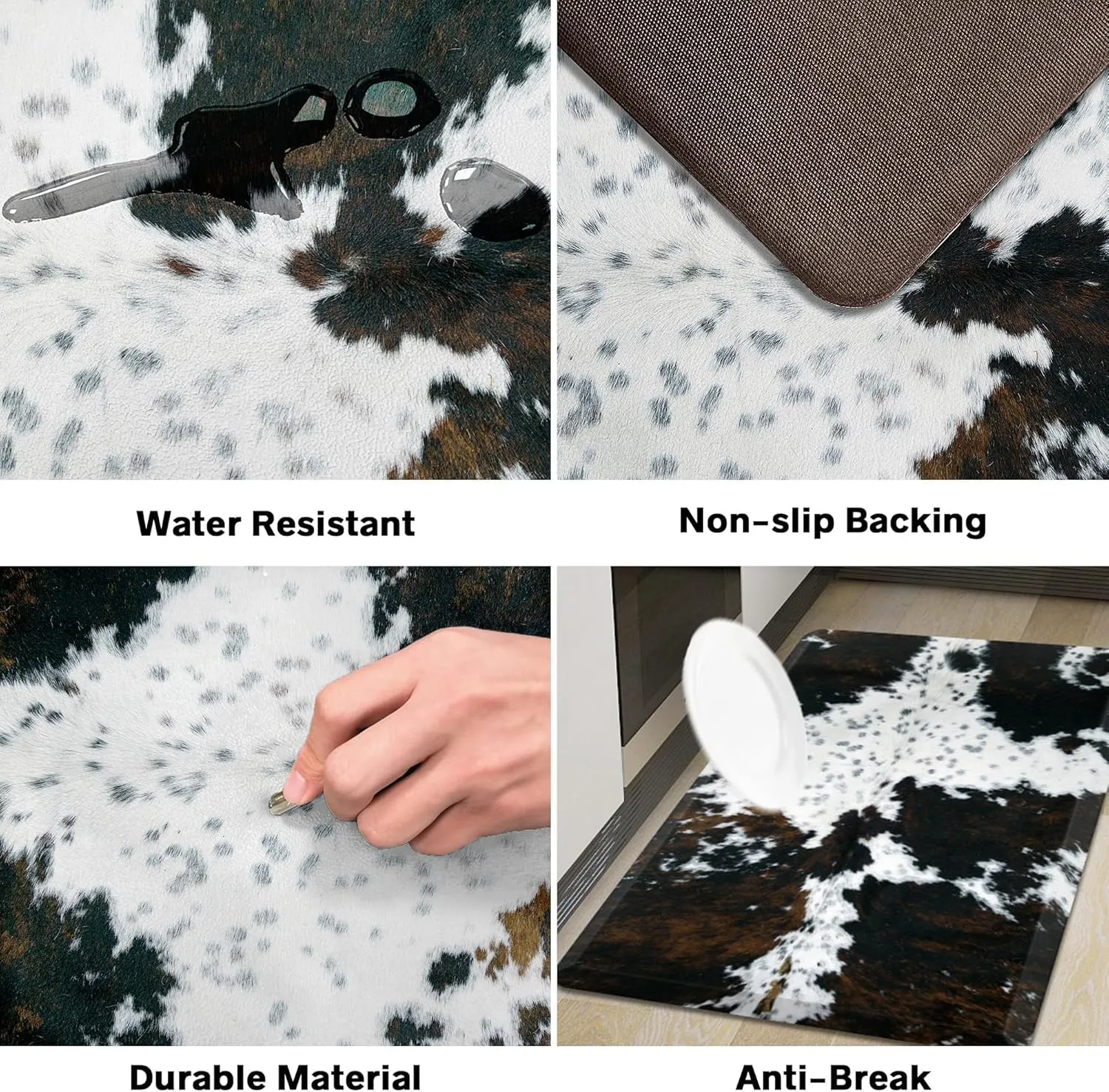 Cowhide Kitchen Mat Cushioned Anti Fatigue - 1/2 Inch Thick Western Cow Kitchen Mats for Floor, Non Slip PVC Waterproof Standing Desk Ergonomic Comfort Rugs for Sink, Office, Laundry, 17.3x47