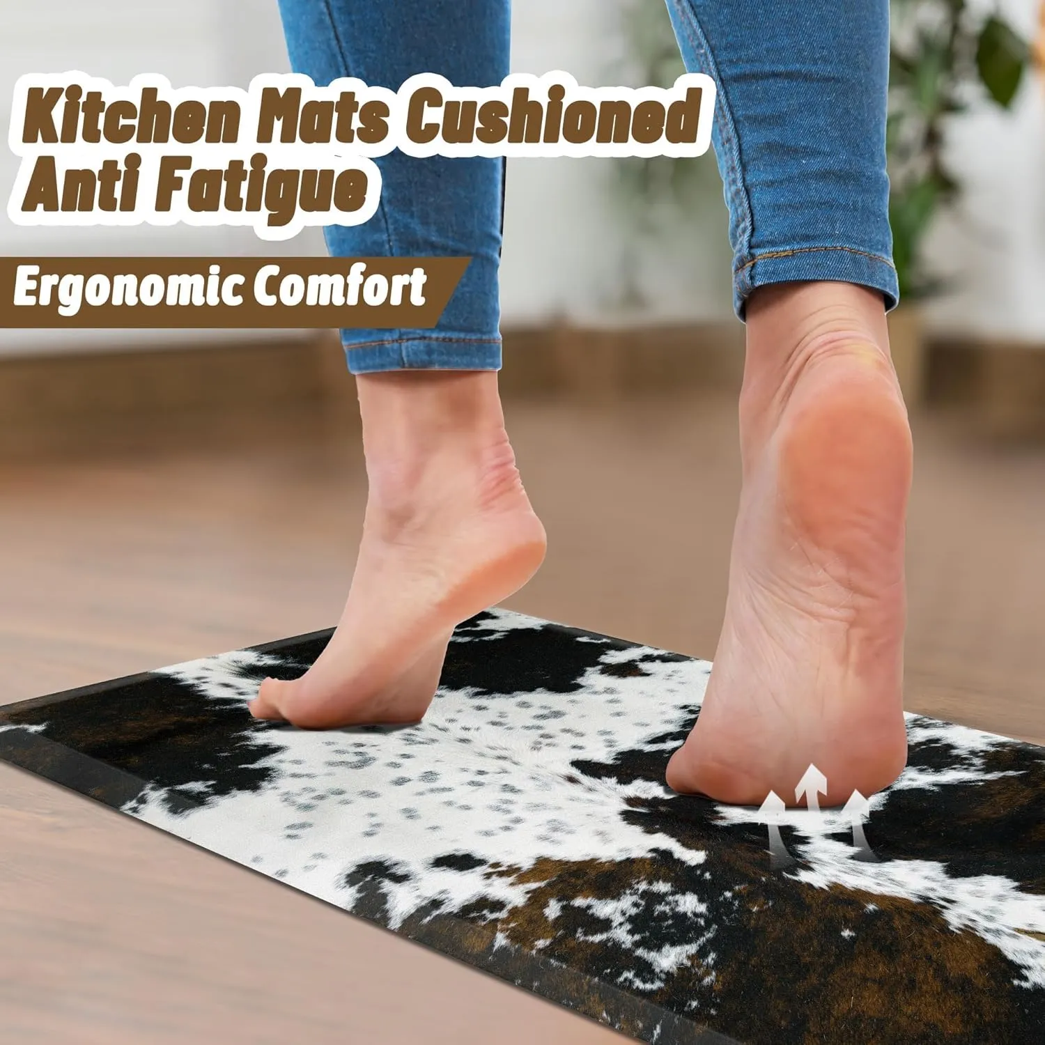 Cowhide Kitchen Mat Cushioned Anti Fatigue - 1/2 Inch Thick Western Cow Kitchen Mats for Floor, Non Slip PVC Waterproof Standing Desk Ergonomic Comfort Rugs for Sink, Office, Laundry, 17.3x47