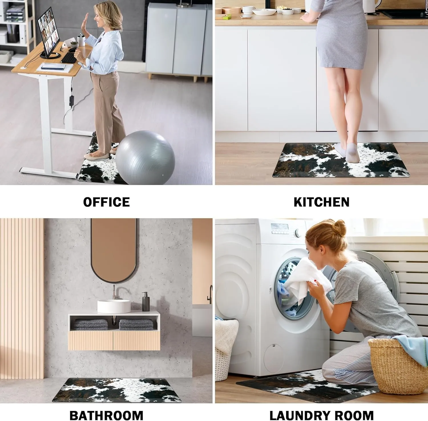 Cowhide Kitchen Mat Cushioned Anti Fatigue - 1/2 Inch Thick Western Cow Kitchen Mats for Floor, Non Slip PVC Waterproof Standing Desk Ergonomic Comfort Rugs for Sink, Office, Laundry, 17.3x47