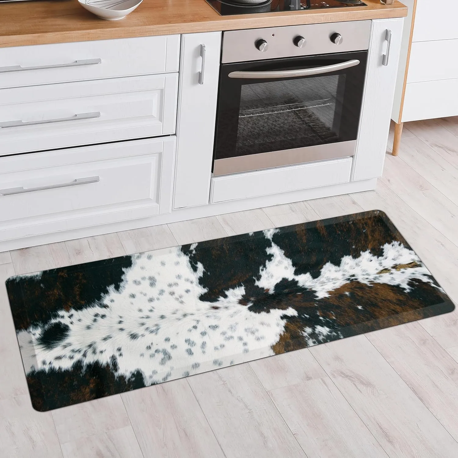 Cowhide Kitchen Mat Cushioned Anti Fatigue - 1/2 Inch Thick Western Cow Kitchen Mats for Floor, Non Slip PVC Waterproof Standing Desk Ergonomic Comfort Rugs for Sink, Office, Laundry, 17.3x47