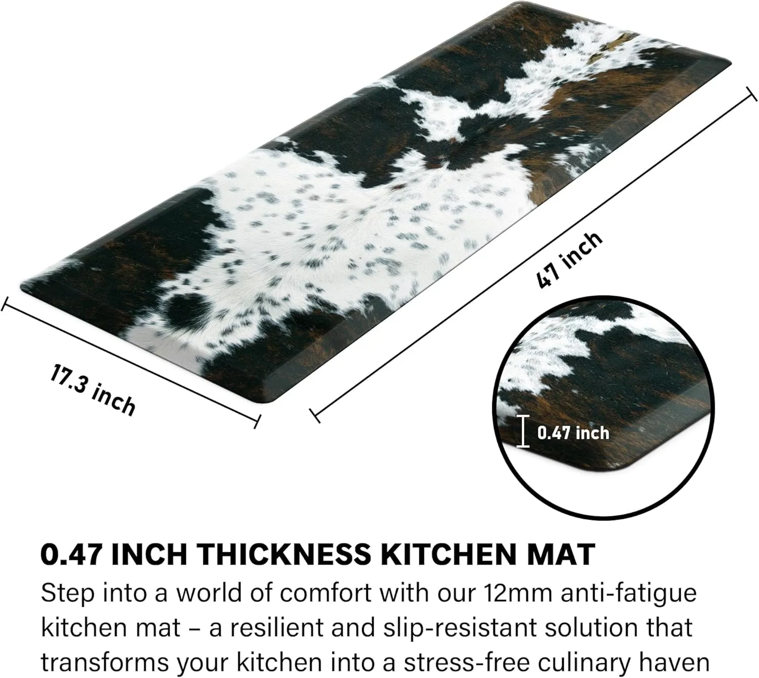 Cowhide Kitchen Mat Cushioned Anti Fatigue - 1/2 Inch Thick Western Cow Kitchen Mats for Floor, Non Slip PVC Waterproof Standing Desk Ergonomic Comfort Rugs for Sink, Office, Laundry, 17.3x47