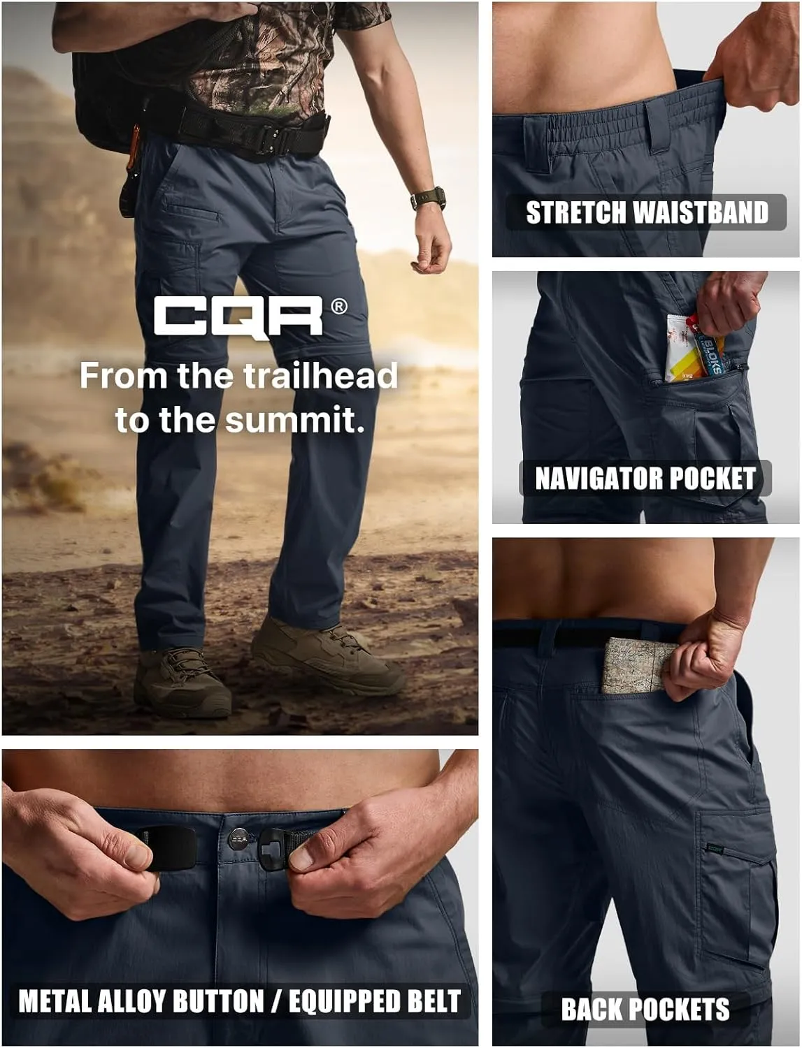 CQR Men's Convertible Cargo Tactical Pants, Water Resistant Outdoor Hiking Pants, Zip Off Lightweight Stretch Work Pants