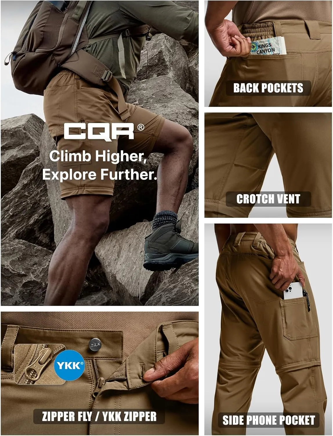 CQR Men's Convertible Cargo Tactical Pants, Water Resistant Outdoor Hiking Pants, Zip Off Lightweight Stretch Work Pants