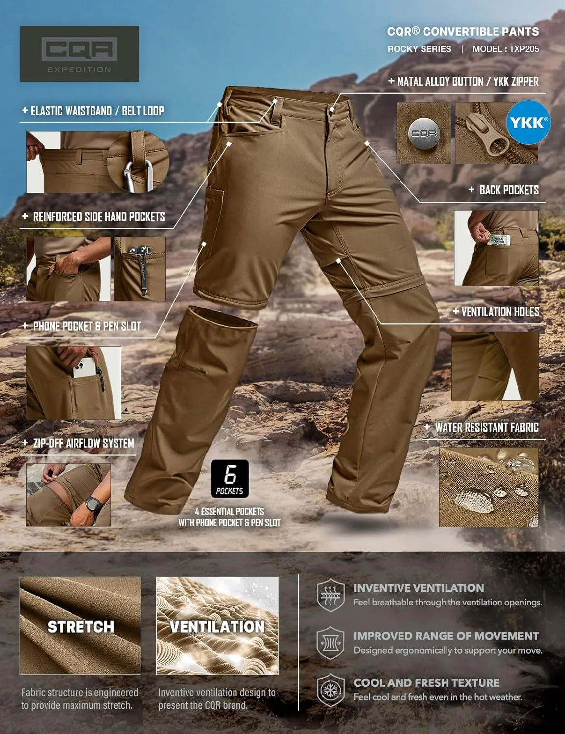 CQR Men's Convertible Cargo Tactical Pants, Water Resistant Outdoor Hiking Pants, Zip Off Lightweight Stretch Work Pants