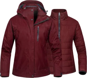 CREATMO US Women's 3 In 1 Waterproof Ski Jacket Windproof Snowboarding Jacket Warm Winter Snow Coat Raincoat