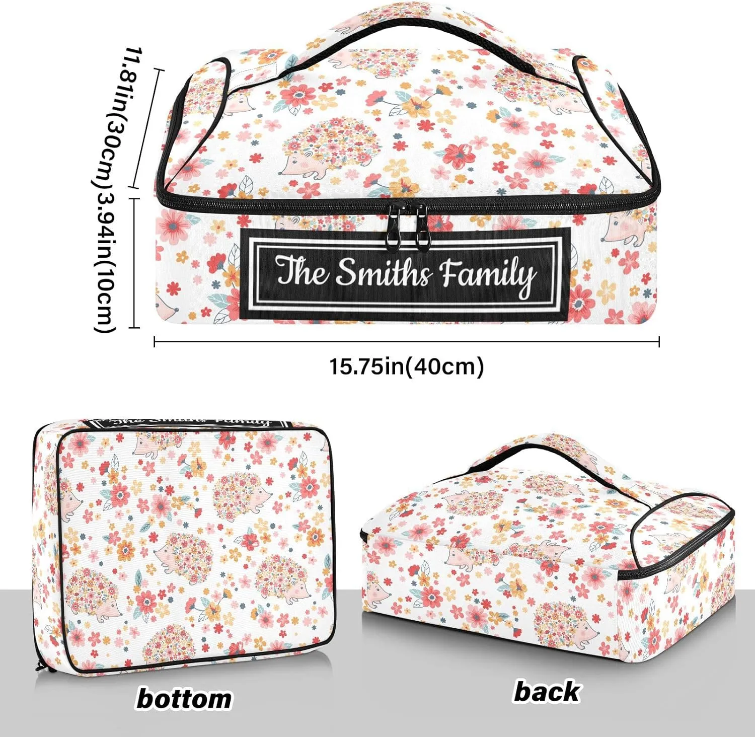 Custom Casserole Dish Carrier Bag Hedgehogs Flowers Personalized Insulated Casserole Carrier Portable Leakproof Food Carrier for Travel, Potluck Parties, Beach