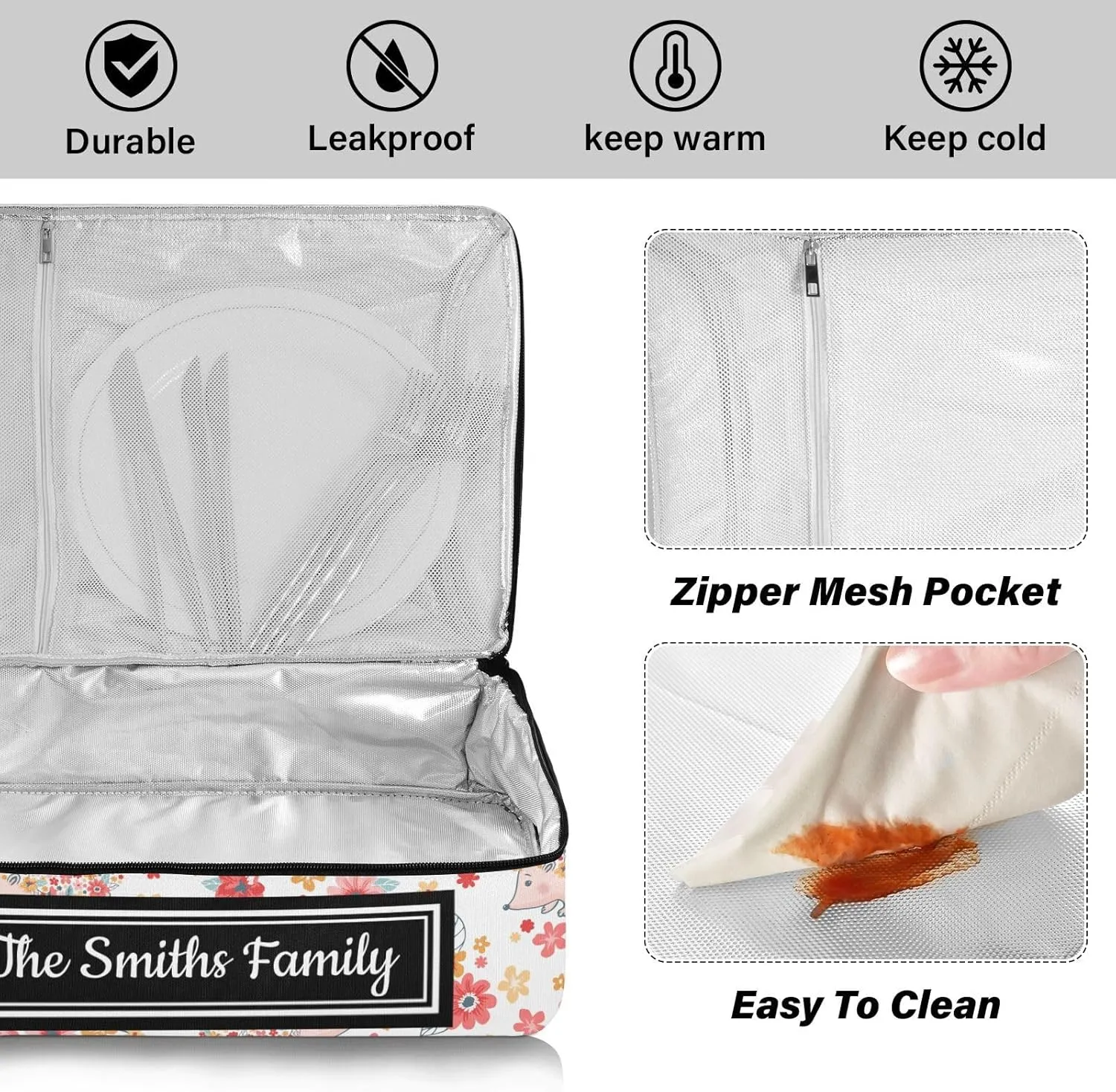 Custom Casserole Dish Carrier Bag Hedgehogs Flowers Personalized Insulated Casserole Carrier Portable Leakproof Food Carrier for Travel, Potluck Parties, Beach