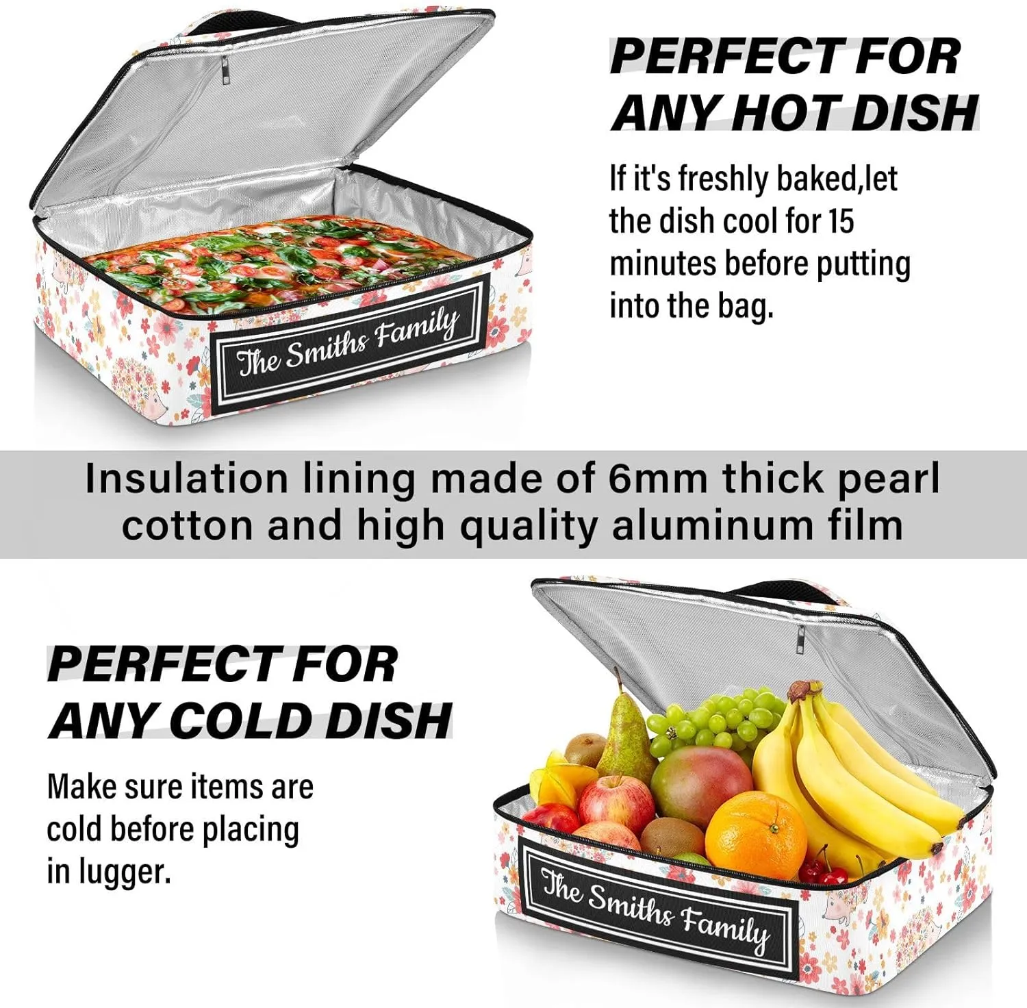 Custom Casserole Dish Carrier Bag Hedgehogs Flowers Personalized Insulated Casserole Carrier Portable Leakproof Food Carrier for Travel, Potluck Parties, Beach