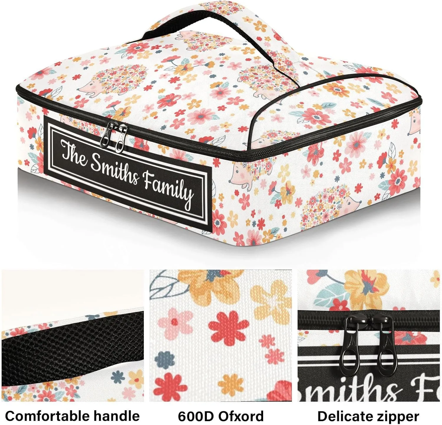 Custom Casserole Dish Carrier Bag Hedgehogs Flowers Personalized Insulated Casserole Carrier Portable Leakproof Food Carrier for Travel, Potluck Parties, Beach