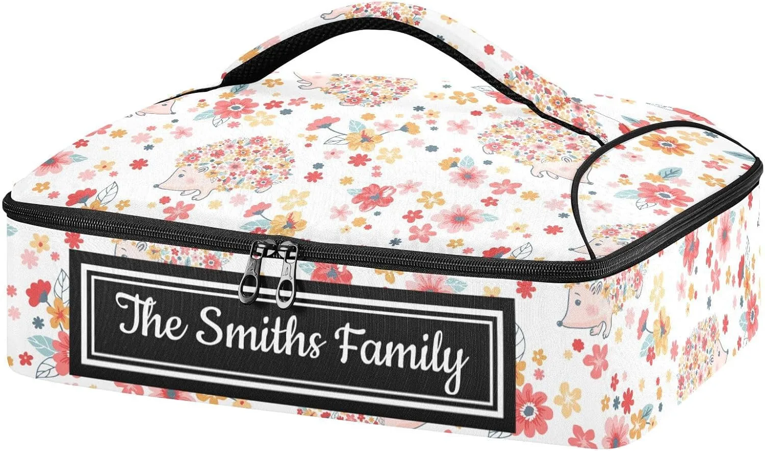 Custom Casserole Dish Carrier Bag Hedgehogs Flowers Personalized Insulated Casserole Carrier Portable Leakproof Food Carrier for Travel, Potluck Parties, Beach