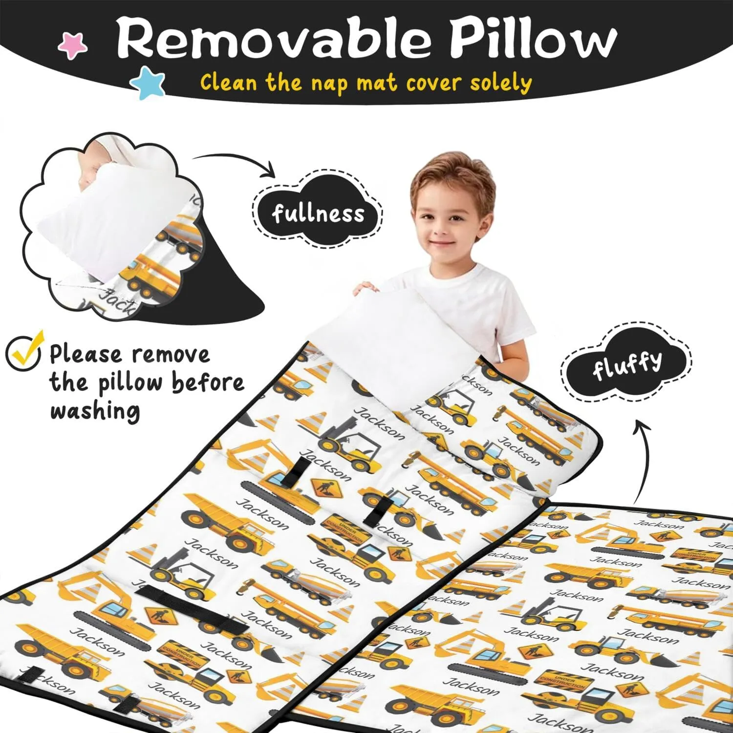 Custom Name Toddler Nap Mat for Preschool Daycare Kindergarten, Personalized Engineering Vehicle Kids Sleeping Bag for Boys, Kids Nap Mats with Pillow Blanket Set, Easy Roll Up