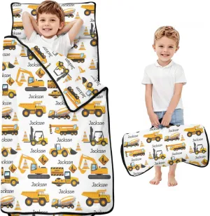 Custom Name Toddler Nap Mat for Preschool Daycare Kindergarten, Personalized Engineering Vehicle Kids Sleeping Bag for Boys, Kids Nap Mats with Pillow Blanket Set, Easy Roll Up