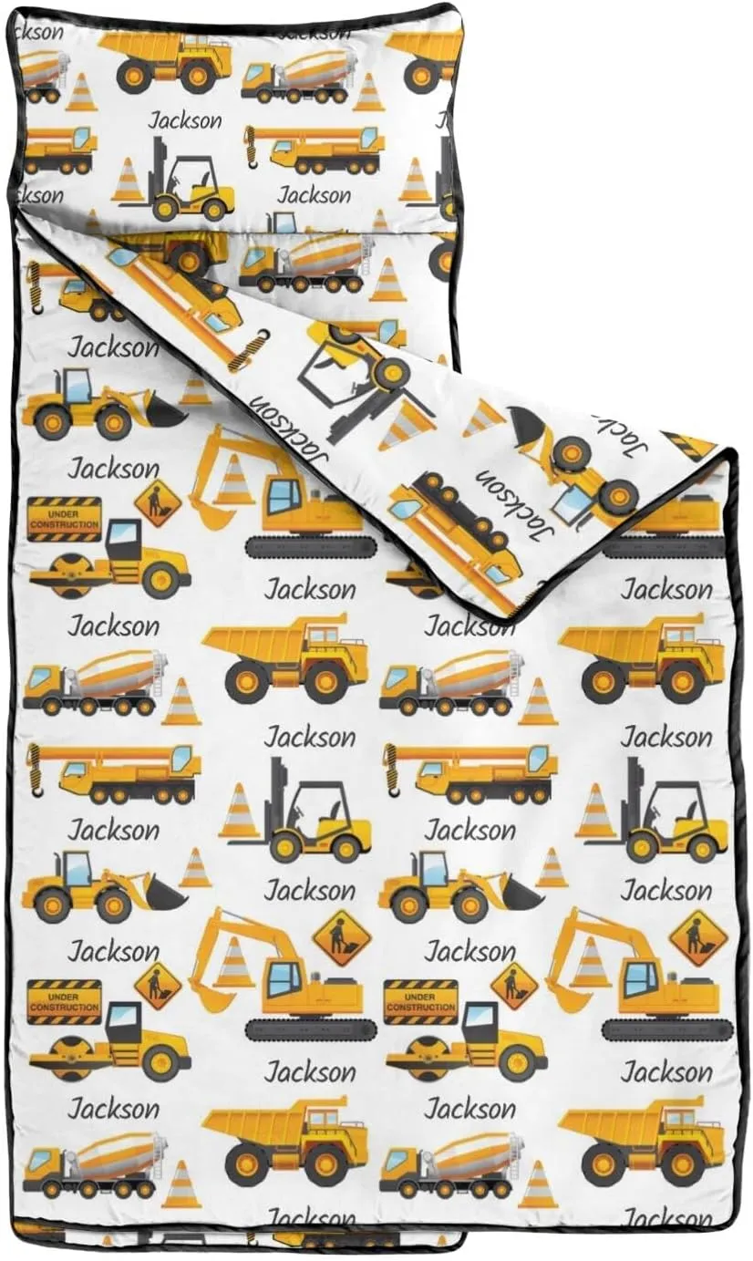 Custom Name Toddler Nap Mat for Preschool Daycare Kindergarten, Personalized Engineering Vehicle Kids Sleeping Bag for Boys, Kids Nap Mats with Pillow Blanket Set, Easy Roll Up