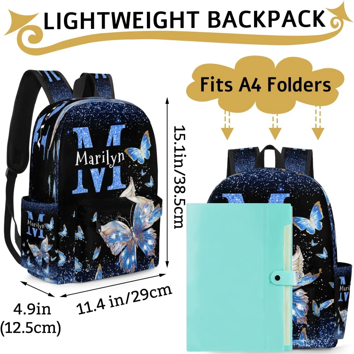 Custom Shoulder Bag with Name, Personalized Butterfly Backpack Casual Bag Water Blue Shiny Butterfly with Glittering