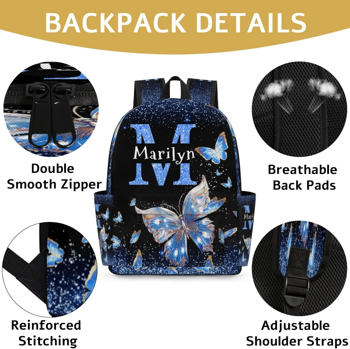Custom Shoulder Bag with Name, Personalized Butterfly Backpack Casual Bag Water Blue Shiny Butterfly with Glittering