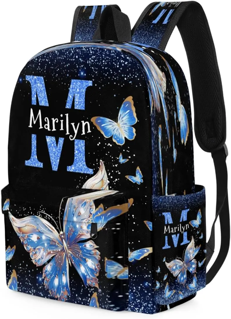 Custom Shoulder Bag with Name, Personalized Butterfly Backpack Casual Bag Water Blue Shiny Butterfly with Glittering