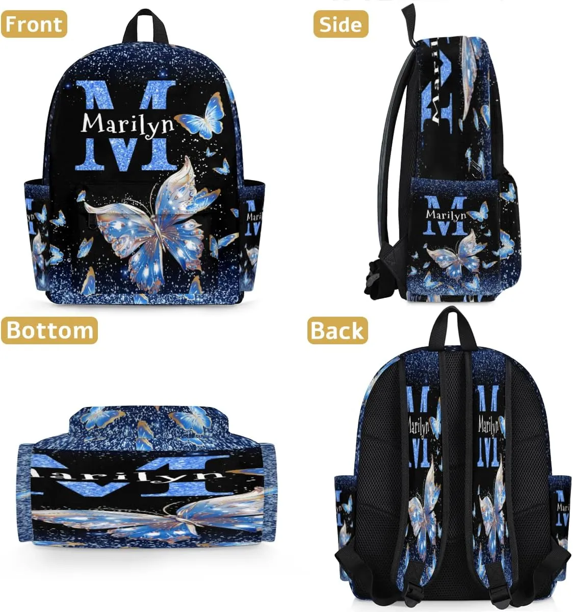 Custom Shoulder Bag with Name, Personalized Butterfly Backpack Casual Bag Water Blue Shiny Butterfly with Glittering