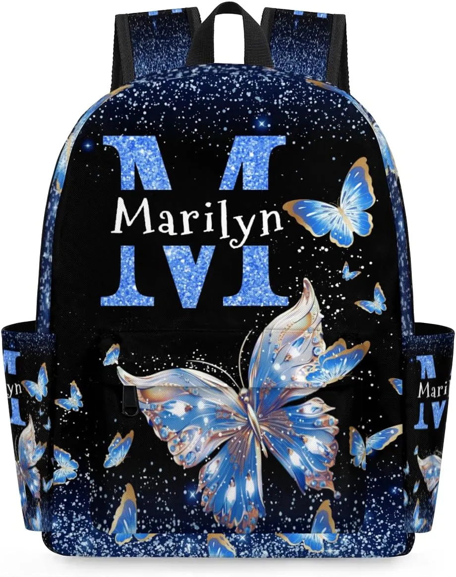 Custom Shoulder Bag with Name, Personalized Butterfly Backpack Casual Bag Water Blue Shiny Butterfly with Glittering