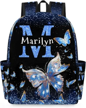 Custom Shoulder Bag with Name, Personalized Butterfly Backpack Casual Bag Water Blue Shiny Butterfly with Glittering