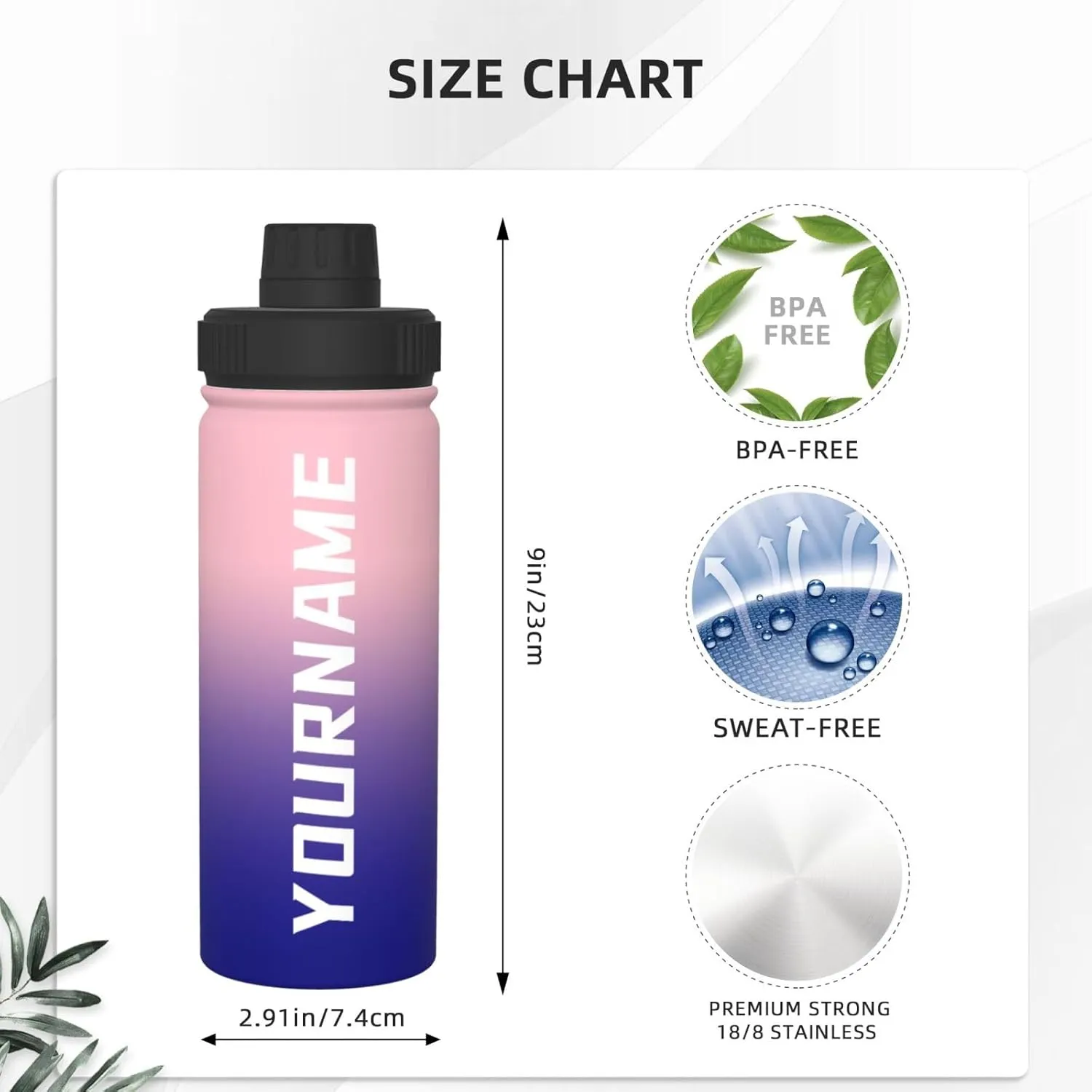 Customizable Name Water Bottle with Ombre Color Custom Stainless Steel Insulated Sports Water Bottles Personalized Men Women Flask, 18 oz