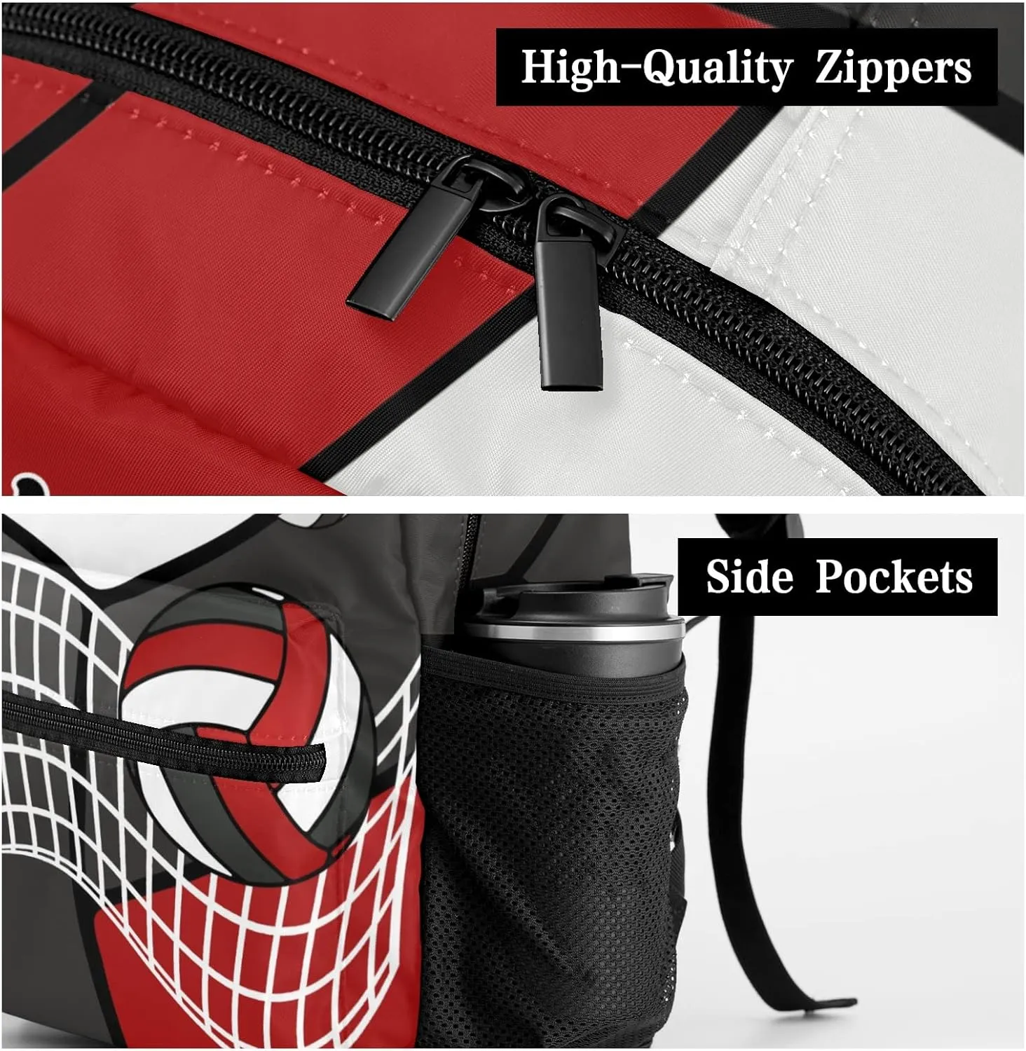 Customized Volleyball White Red Black Waterproof Backpack with Name for Hiking Camping Picnic
