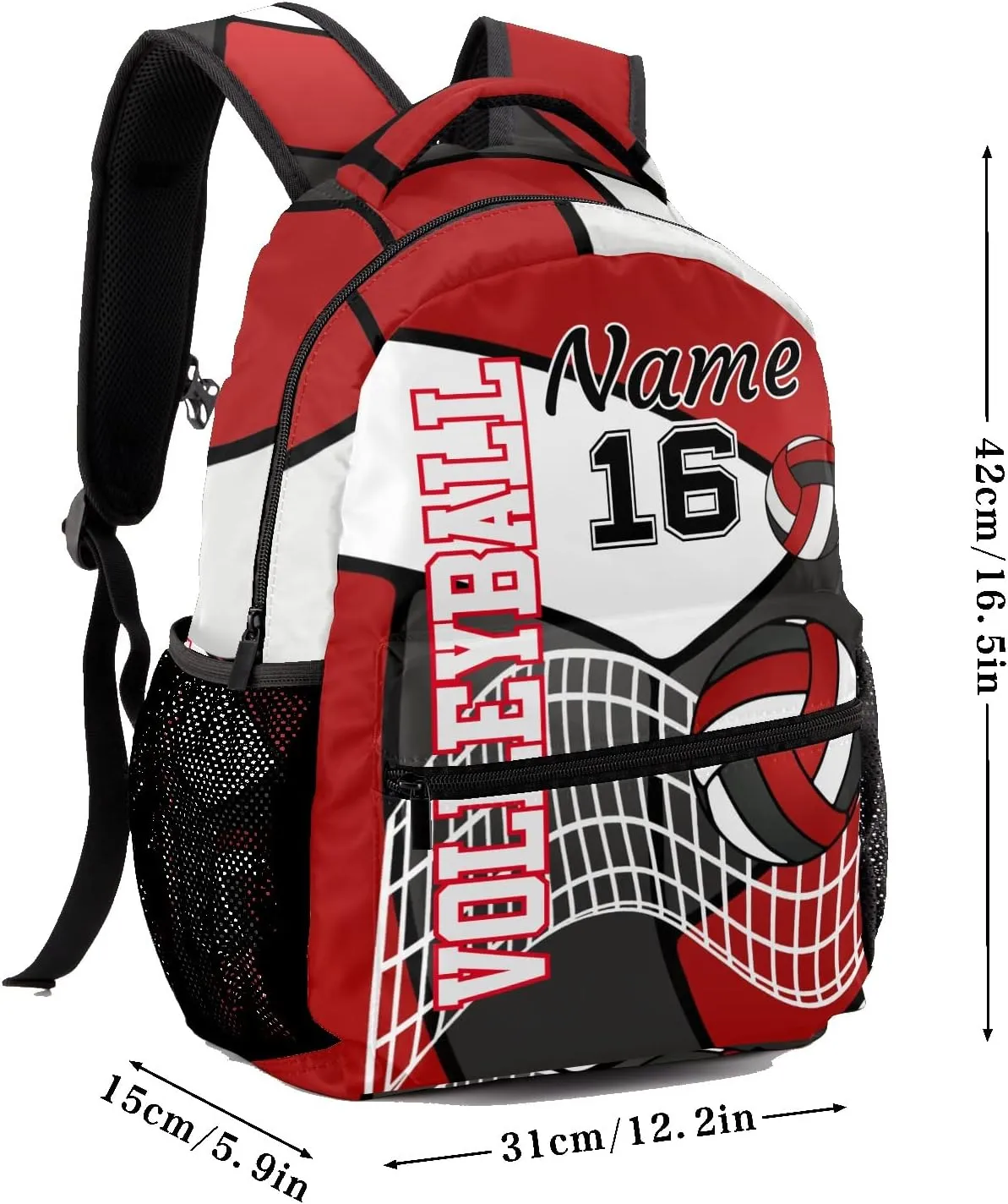 Customized Volleyball White Red Black Waterproof Backpack with Name for Hiking Camping Picnic