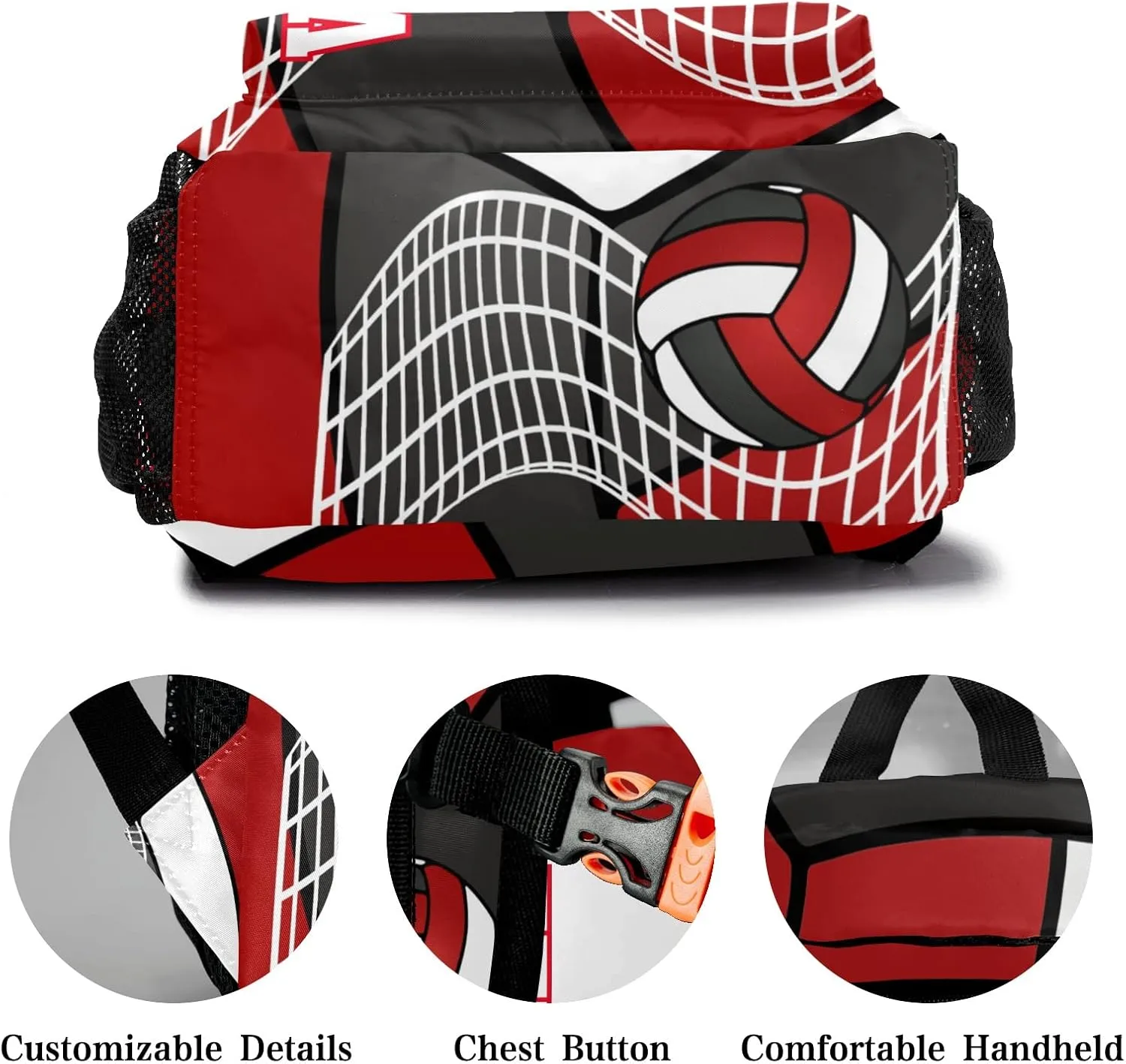 Customized Volleyball White Red Black Waterproof Backpack with Name for Hiking Camping Picnic