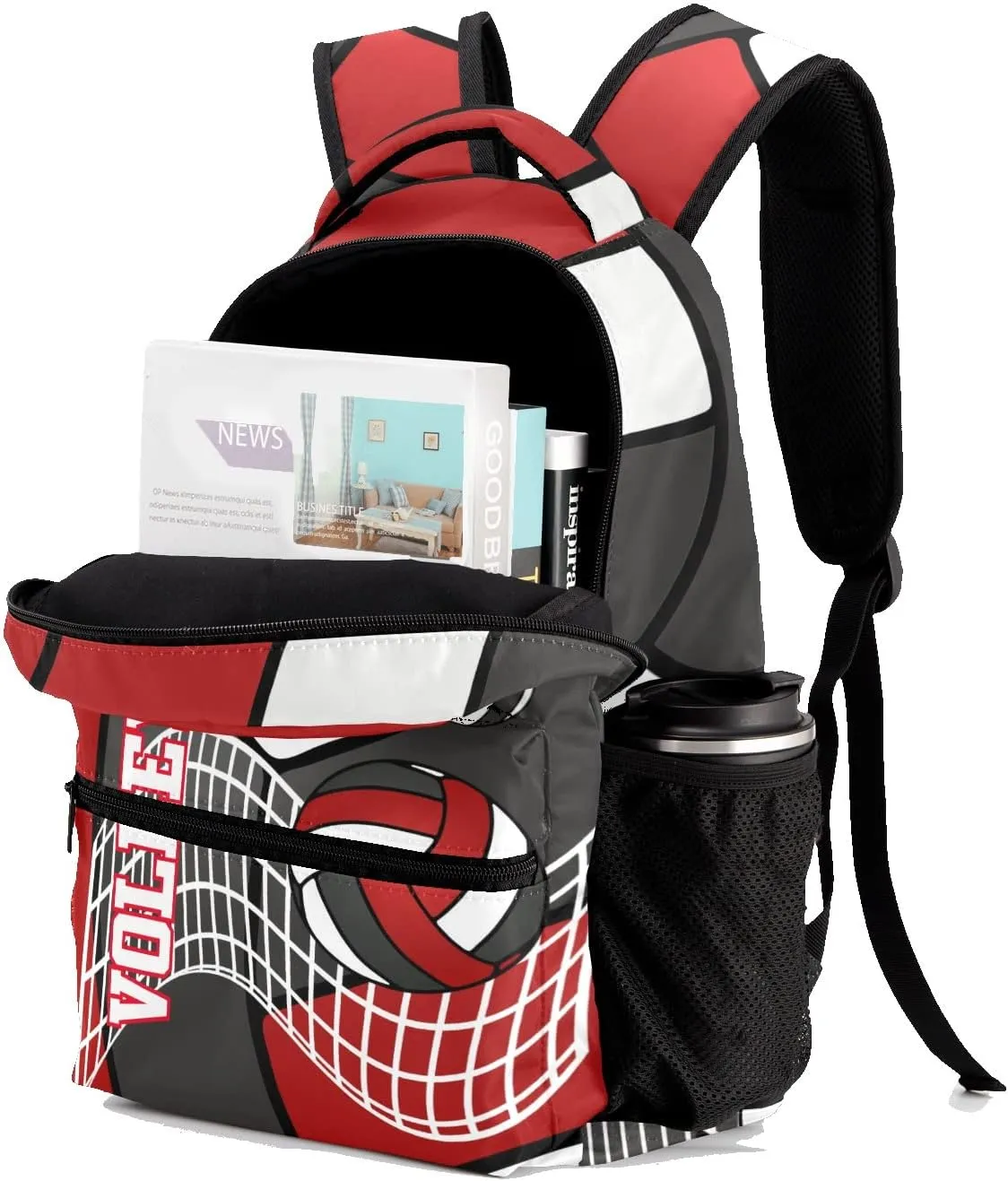 Customized Volleyball White Red Black Waterproof Backpack with Name for Hiking Camping Picnic