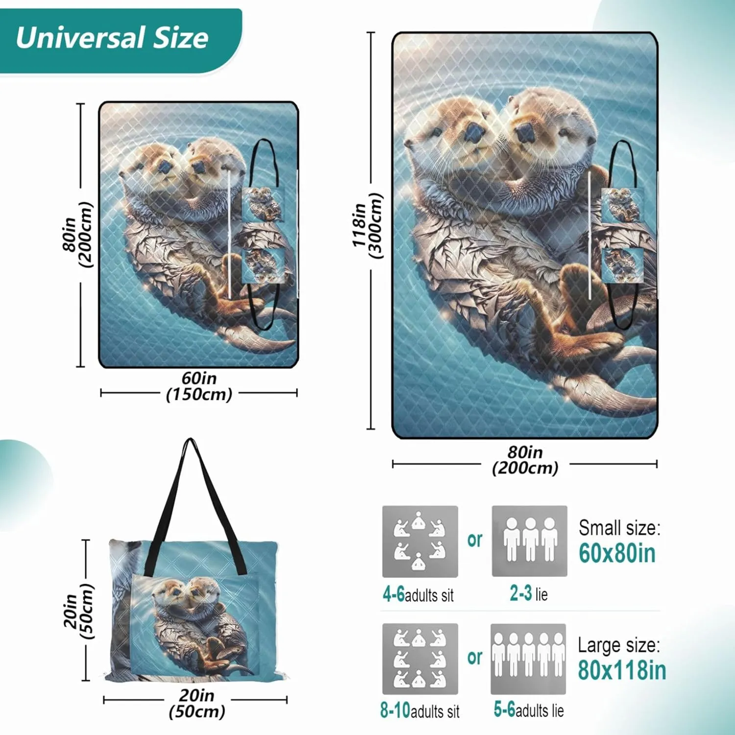 Cute Animals Sea Otter Large Mat Picnic Blanket Cute Oversized Beach Blanket Waterproof Grass Blanket Camping Mat 80" x 60"