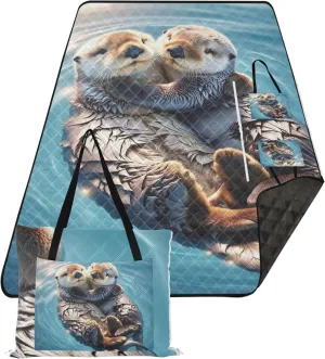 Cute Animals Sea Otter Large Mat Picnic Blanket Cute Oversized Beach Blanket Waterproof Grass Blanket Camping Mat 80" x 60"