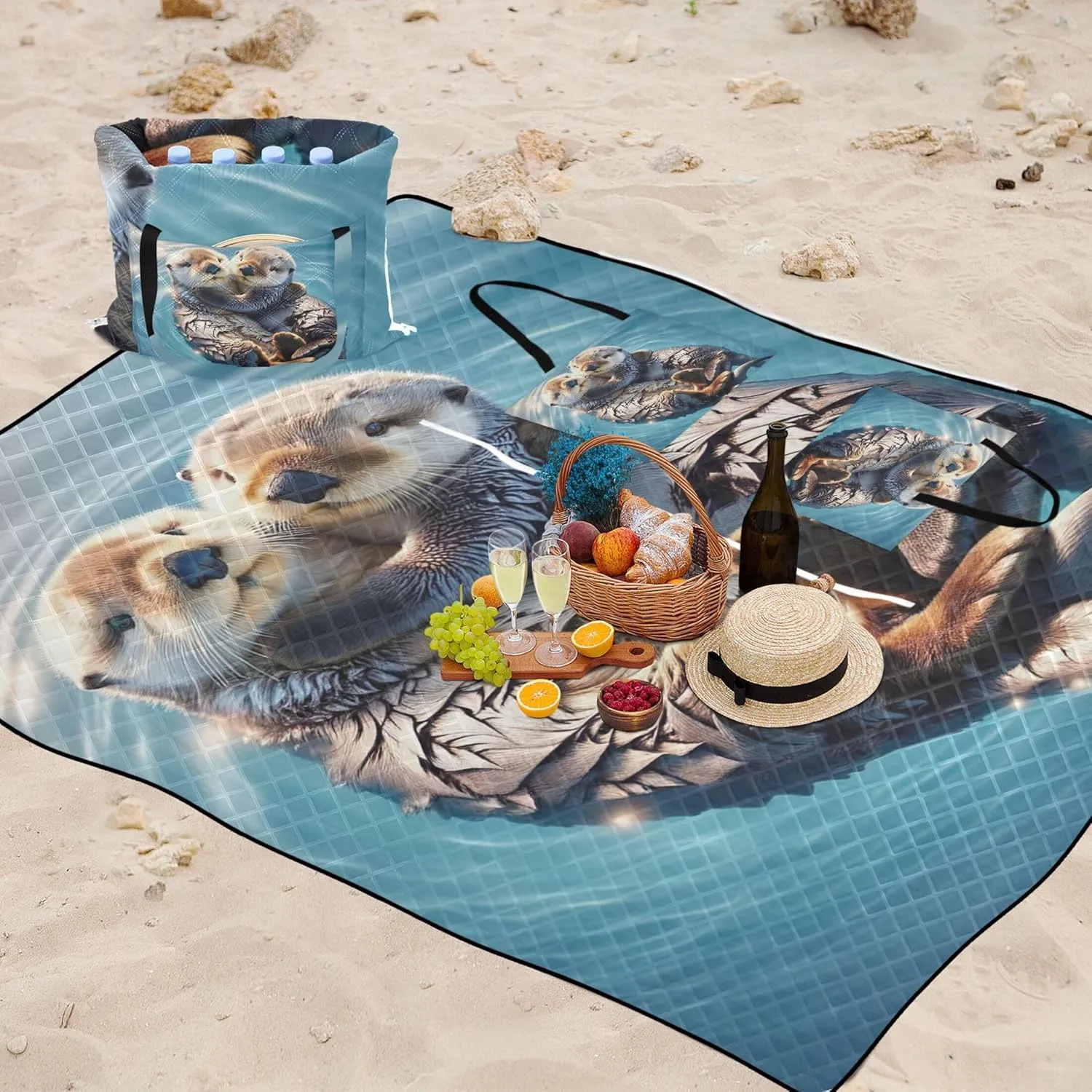 Cute Animals Sea Otter Large Mat Picnic Blanket Cute Oversized Beach Blanket Waterproof Grass Blanket Camping Mat 80" x 60"