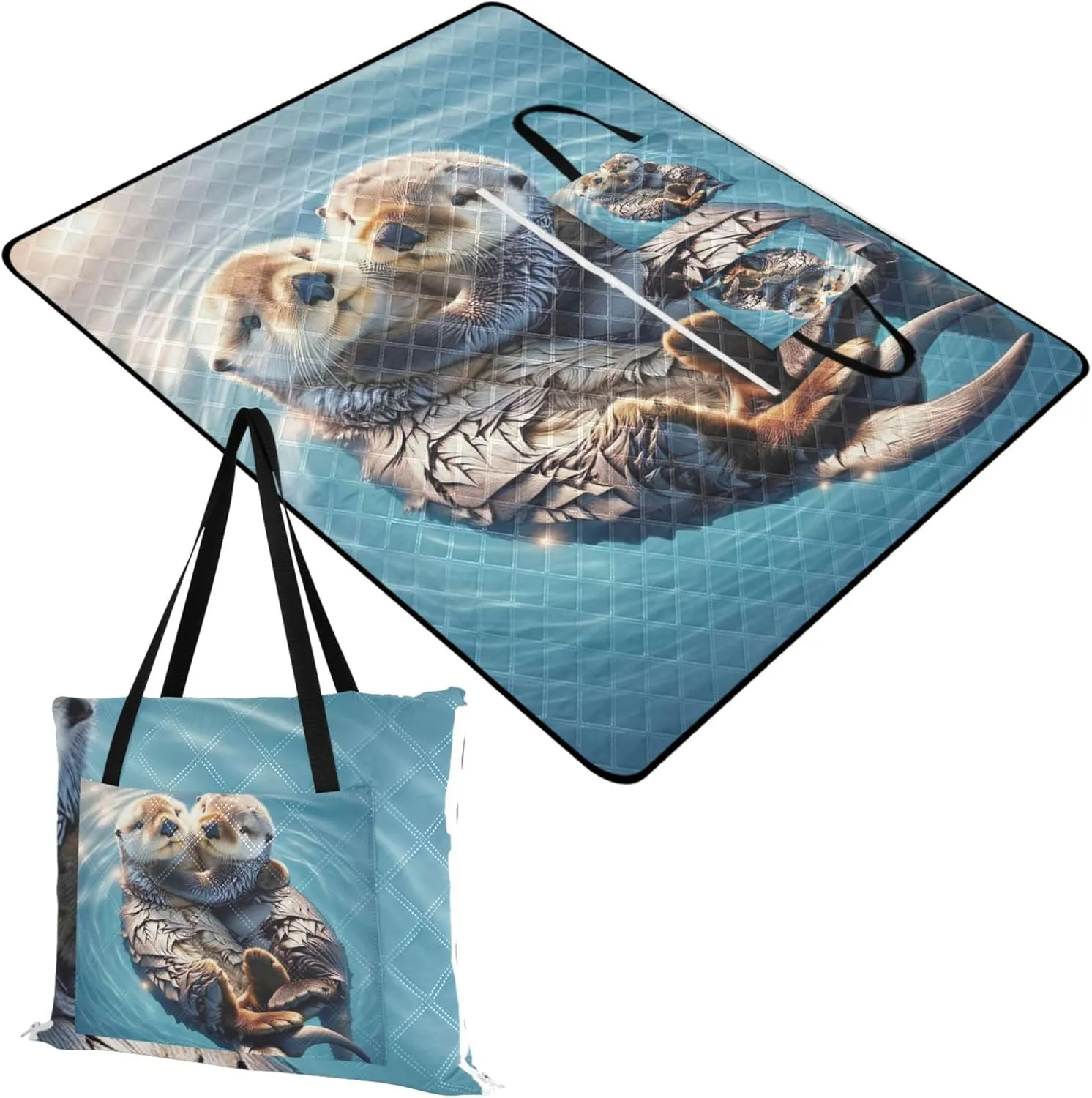 Cute Animals Sea Otter Large Mat Picnic Blanket Cute Oversized Beach Blanket Waterproof Grass Blanket Camping Mat 80" x 60"