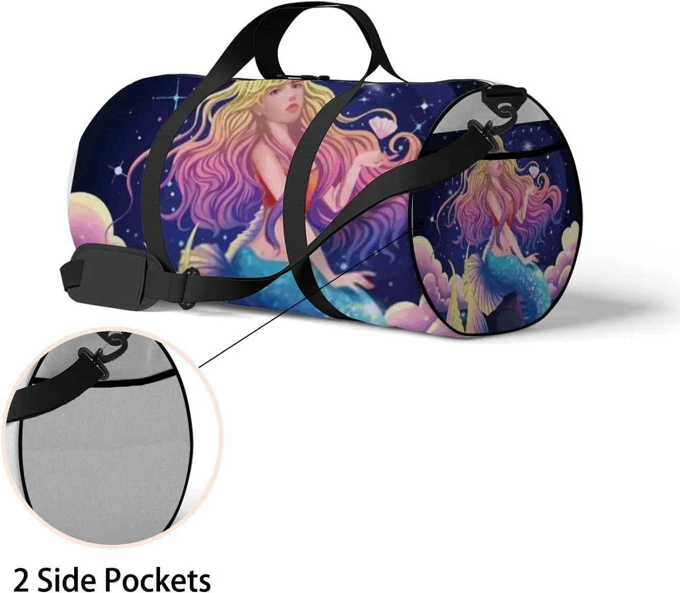 Cute Beautiful Mermaid Blue Background Illustration Sports Bag Tote Bag Waterproof Gym Bag with Shoulder Strap Zipper 2 Side Pockets for Men and Women, Travel and Storage Shoulder Bag.