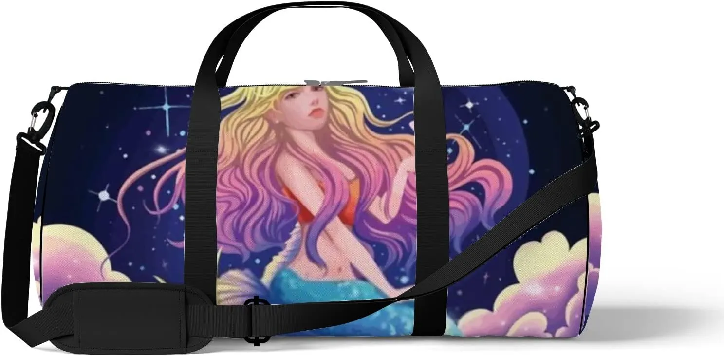 Cute Beautiful Mermaid Blue Background Illustration Sports Bag Tote Bag Waterproof Gym Bag with Shoulder Strap Zipper 2 Side Pockets for Men and Women, Travel and Storage Shoulder Bag.