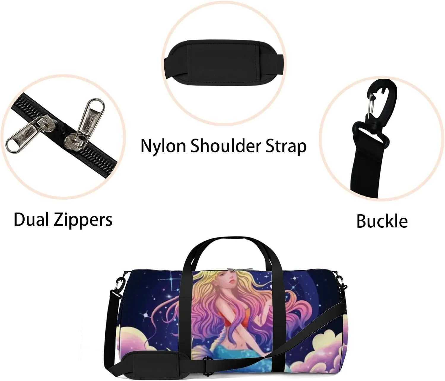 Cute Beautiful Mermaid Blue Background Illustration Sports Bag Tote Bag Waterproof Gym Bag with Shoulder Strap Zipper 2 Side Pockets for Men and Women, Travel and Storage Shoulder Bag.